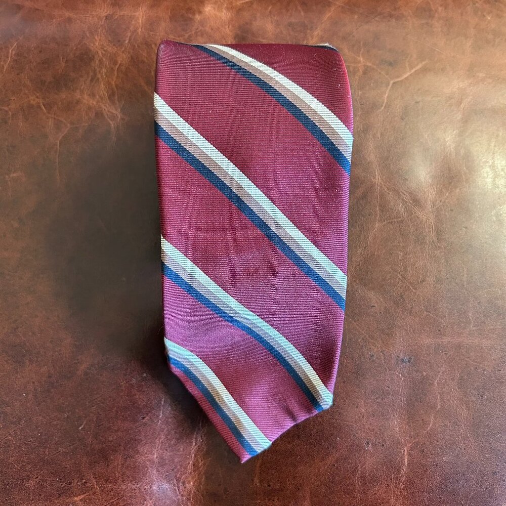 Ketch Men's Tie Burgundy Red Diagonal Stripes Navy Gold Tan 3.25" Wide